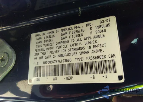 2007 Honda Accord 2.4 Ex z USA, uszkodzony, nr VIN 1HGCM56787A123568